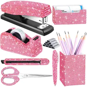 7 count Bling Desk Accessories Set Glitter  Office Stationery Kit for Women  Tape Dispenser, Stapler, Card Holder, Pencil Pot Holder, Scissors, Ballpoint Pens, Knife(Pink)