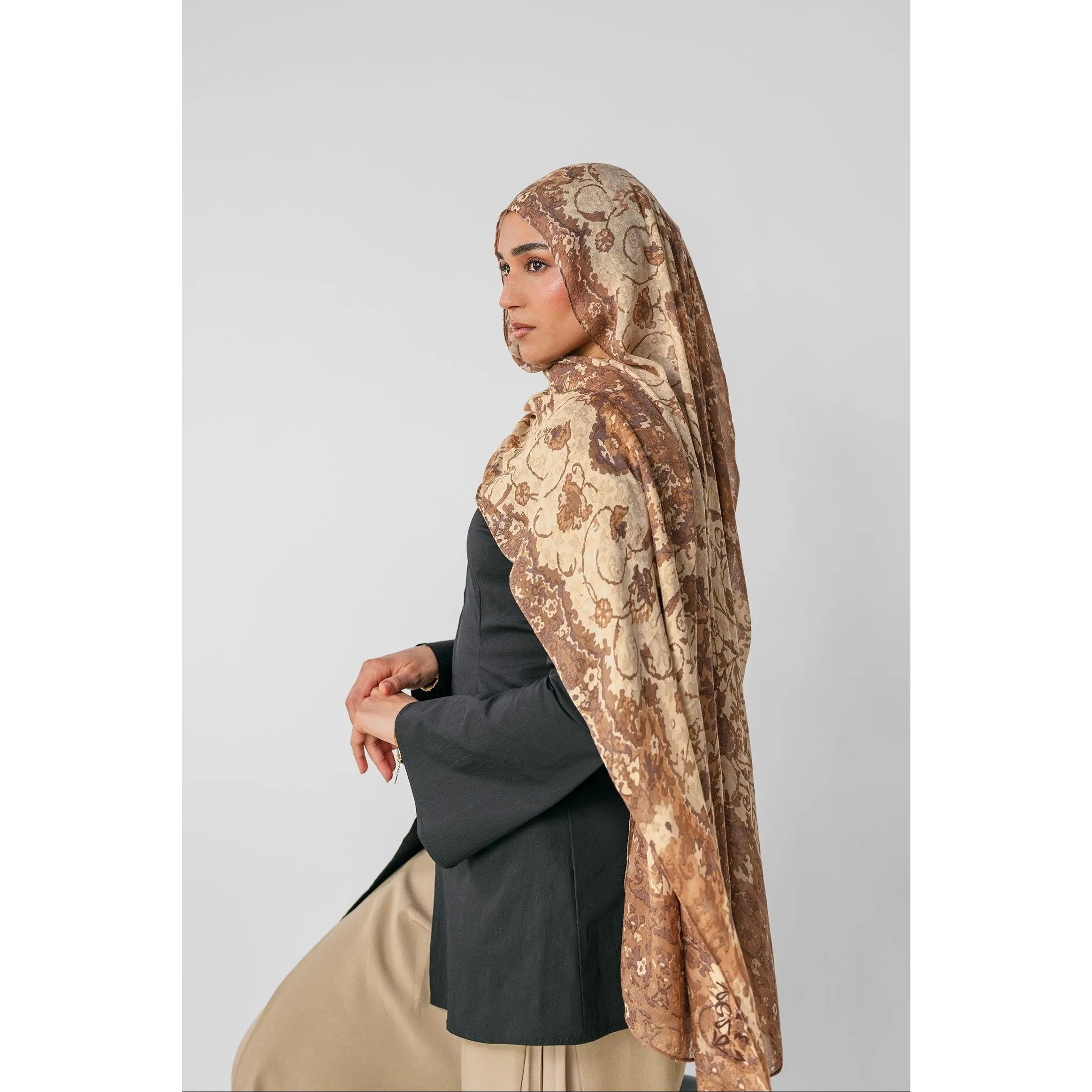 VELA Hijab for Women, Ivory Tapestry Print Soft Modal Wrap - Dimensional Woven Head Scarf for Muslim Fashion