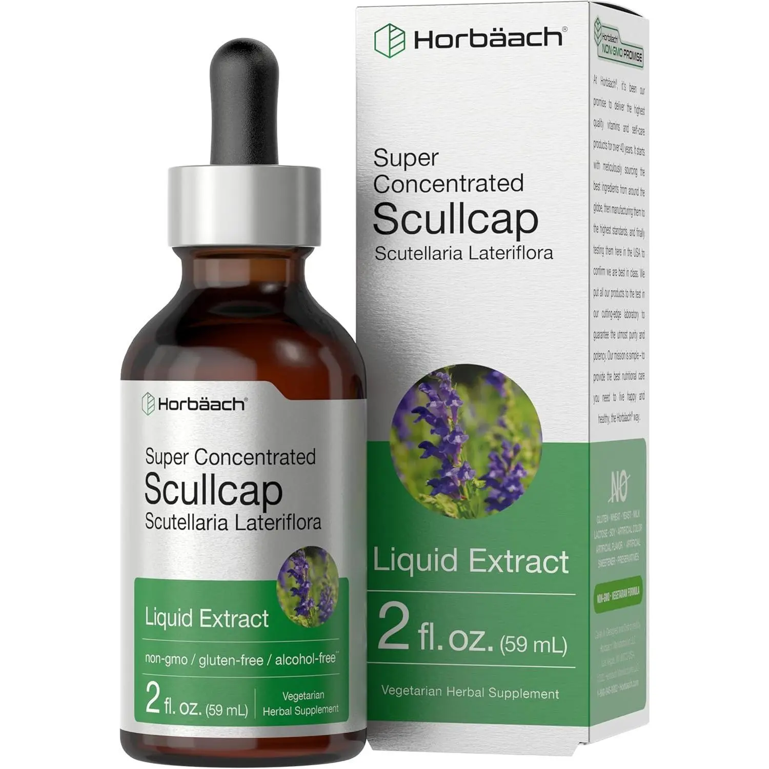 Horbäach Scullcap Herb Liquid Extract | 2 fl oz Tincture | Super Concentrated | Alcohol Free, Vegetarian, Non-GMO, Gluten Free Skullcap Supplement