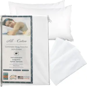 Premium 100% Cotton Zippered Pillow Protector Queen Size White 2 Pack 300 Thread Count Hypoallergenic Breathable Encasement Bed Pillow Cover