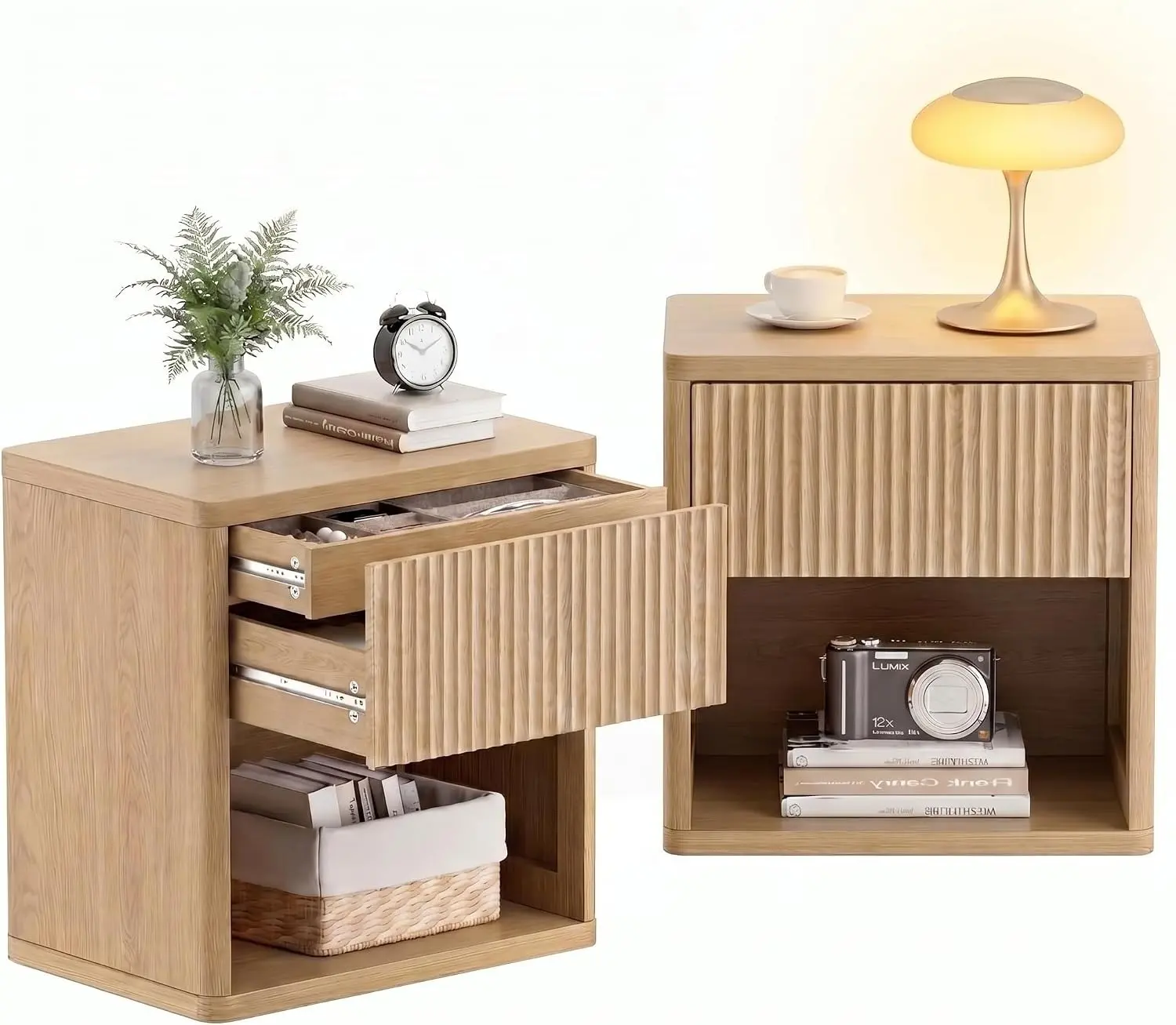 Fluted Nightstand Set of 2, 23" W Beside Table with 2 Drawers | End Table with Hidden Drawer & Open Shelf, Large Mid Century Modern Side Table for Bedroom ( Natural Oak, Black)