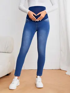 Blue Pregnant Jeans for All Seasons, Mid-Waist Elastic Support, Casual Loose Fit, Button Fly, Fashionable Skinny Pants