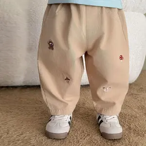 2026 Fall New Toddler Kids Pants Cotton Cartoon Embroidered Harem Pants Baby Boy Casual Striped Denim Baggy Trousers