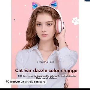 Wireless Cat Ear Headphones with LED Lights, Foldable, Built-in Mic, Noise Cancelling