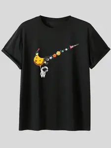 Fun Space Astronaut Print Cotton Casual T-Shirt, Creative Planet Pattern Short Sleeve, Loose Comfortable Top, Style Round Neck Tee