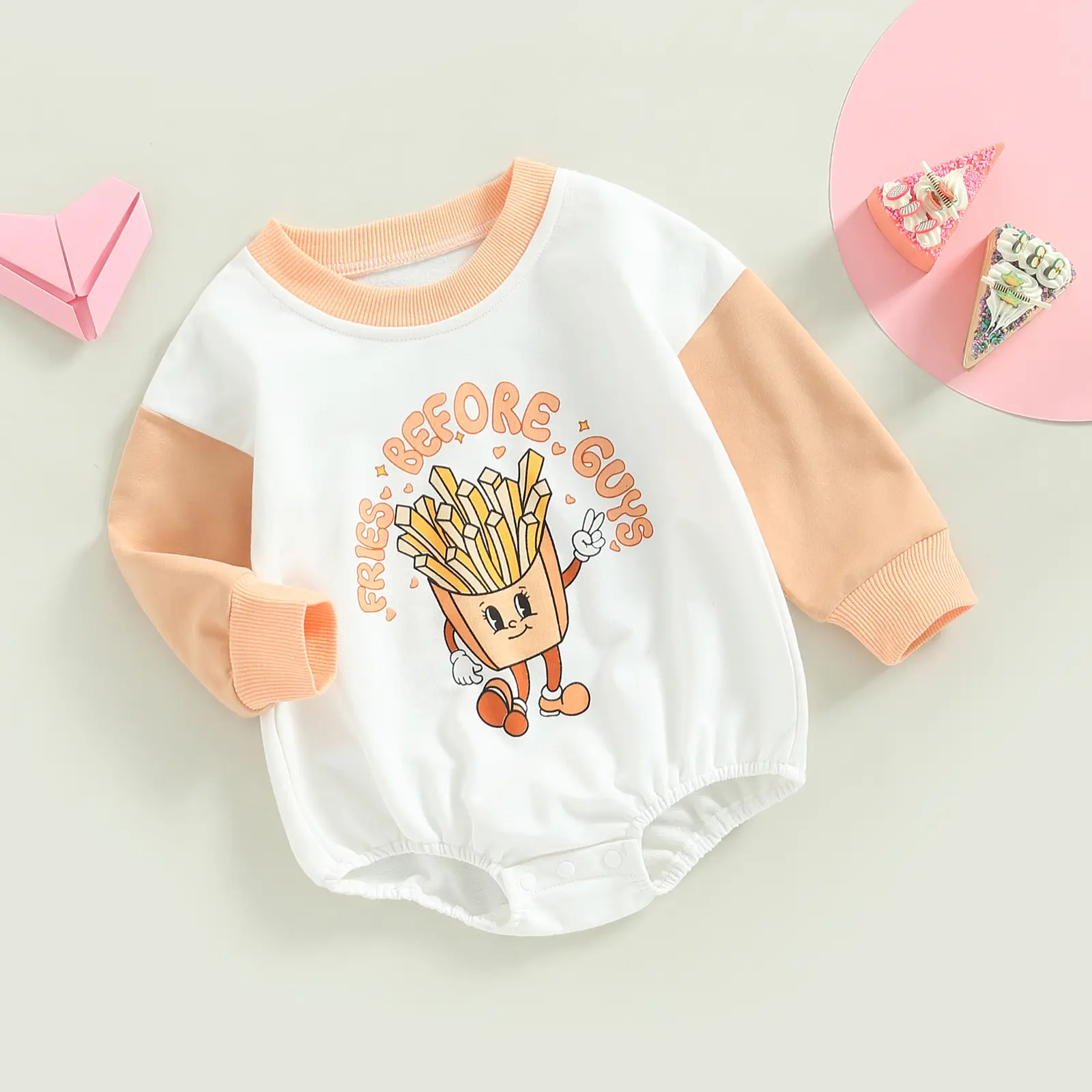 Infant Baby Girls Boys Romper Letter Chips/Heart Print Contrast Color Long Sleeve Crew Neck Jumpsuits Newborn Bodysuits