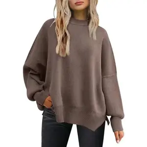 Women's Crewneck Batwing Long Sleeve Sweaters Fall Oversized Ribbed Knit Side Slit Pullover Tops Casual Womenswear