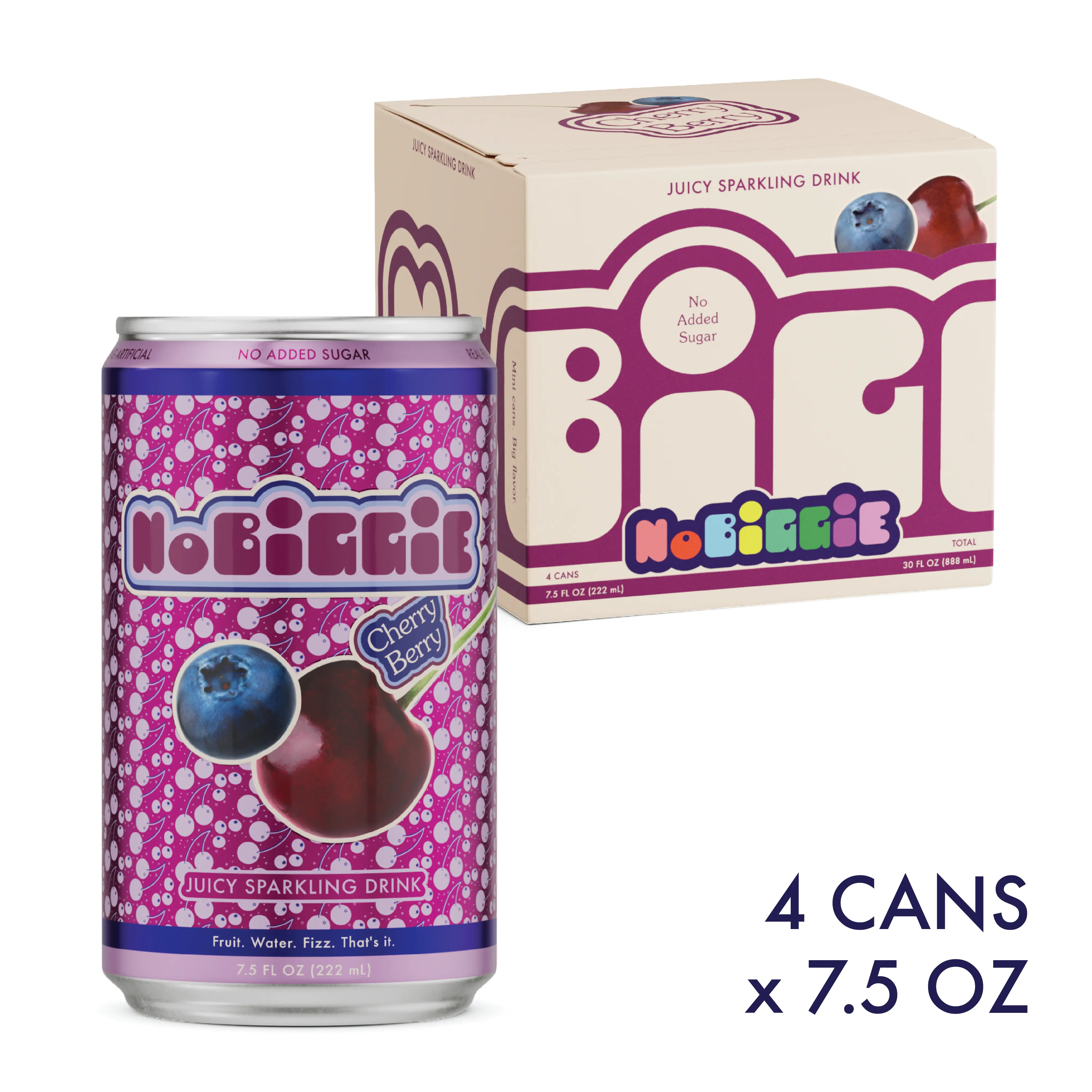NoBiggie Cherry Berry Sparkling Juice for Kids | 4-Pack Mini Cans | Made with Real Fruit Juices & Purées, 4 x 7.5 fl oz Cans, Only 5g Sugar per Can, No Added Sugar, No Artificial Ingredients