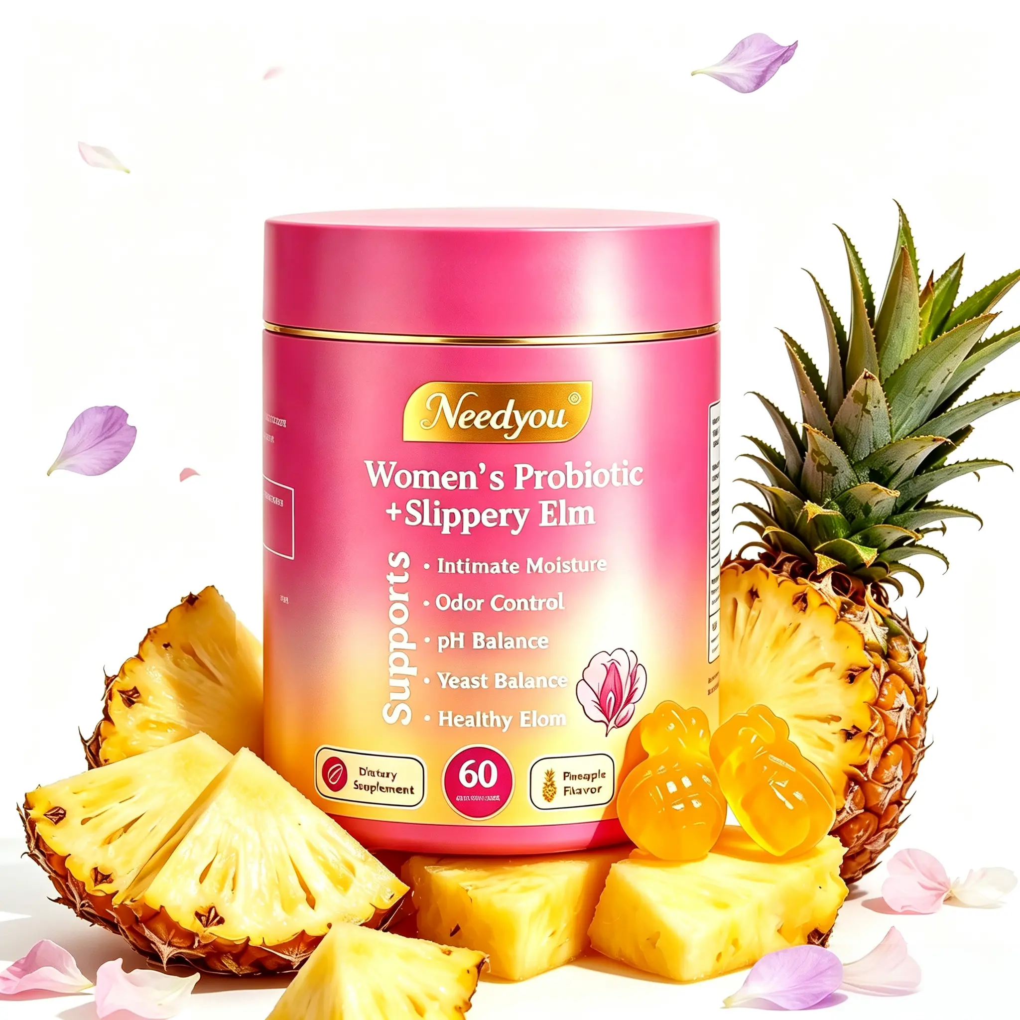 Women's Natural Feminine Probiotics Gummies - Gut Health Dietary Formula with Slippery Elm, Prebiotics & Lactobacillus Blend for Stable pH, Intimate Comfort, 60 Counts
