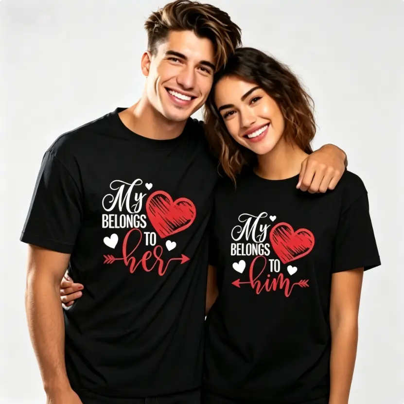 Couple Matching Graphic T-Shirt – "My Heart Belongs to Her / Him" Love Vibes| Trendy His & Hers Streetwear for Couples, Husband & Wife, Dates & Daily Wear| Soft 100% Cotton Breathable Tee| TikTok Viral Valentine Outfit| Perfect Anniversary & Valent