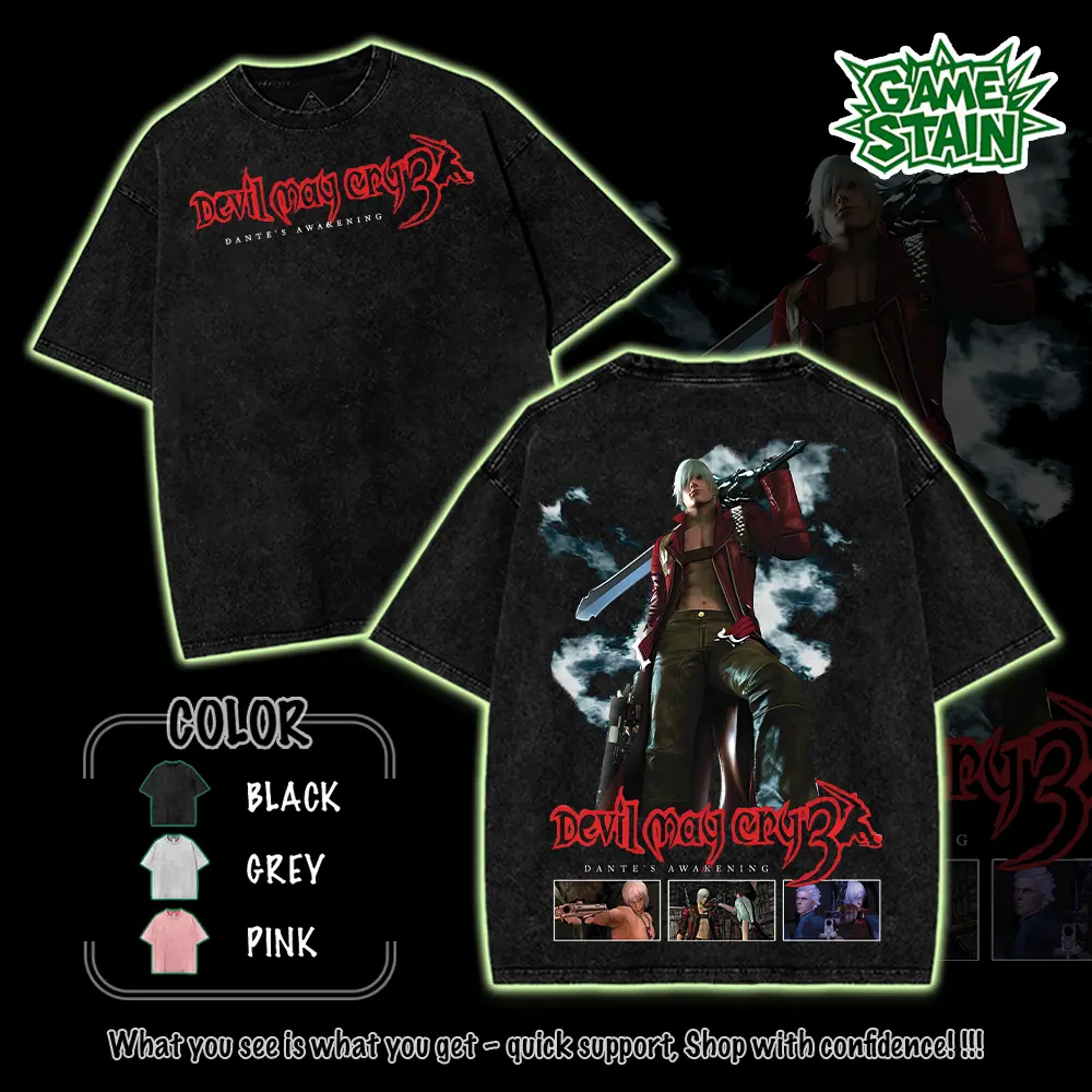 Devil May Cry V5 Dante son of sparda hot Anime Manga game Vintage Cotton 2 sided Washed Tshirt graphic tees Top streetwear Fabric Menswear Soft Casual Classic Day