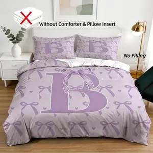 2/3 Piece A-Z Initial Letter Purple Bow Duvet Cover Set, 1 Duvet Cover + 1/2 Pillowcases (NO FILLING INCLUDED), Soft Polyester Coquette Aesthetic Bedding, Personalized Bedroom Decor for Girls Teens & Women, Ideal Birthday Gift