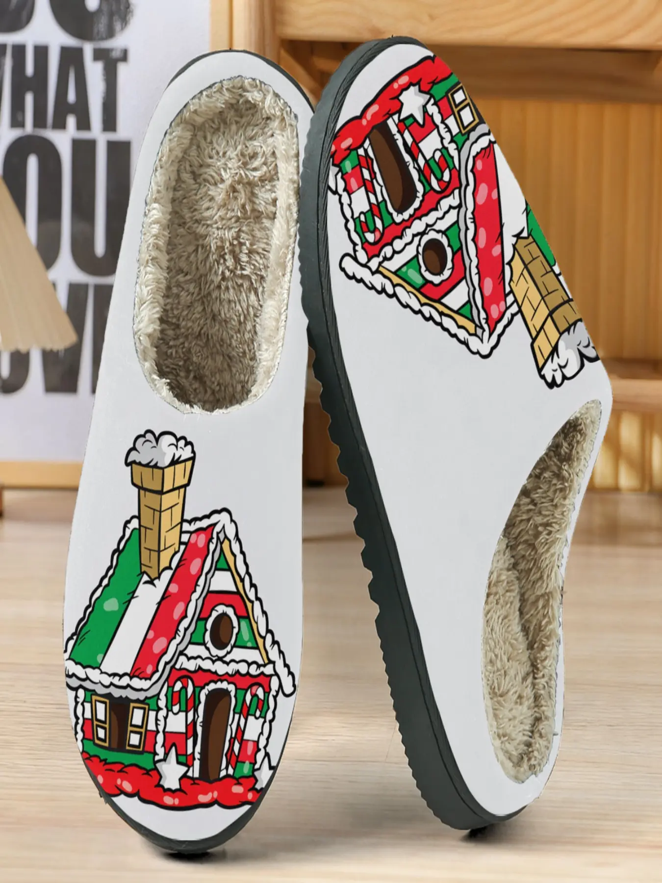 Christmas Gingerbread House Cotton Slippers, Base Colorful Illustration, Fuzzy Lining Warm, Festive Home Decor, Cute Winter Shoes