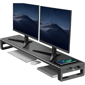 Dual  Stand, Double  Riser with  Charger and 4 USB 3.0 Hub Ports, Metal Desk Raiser for 2 Monitors, PC Screen iMac Studio Display Gaming Office Work Space Saver Organizer