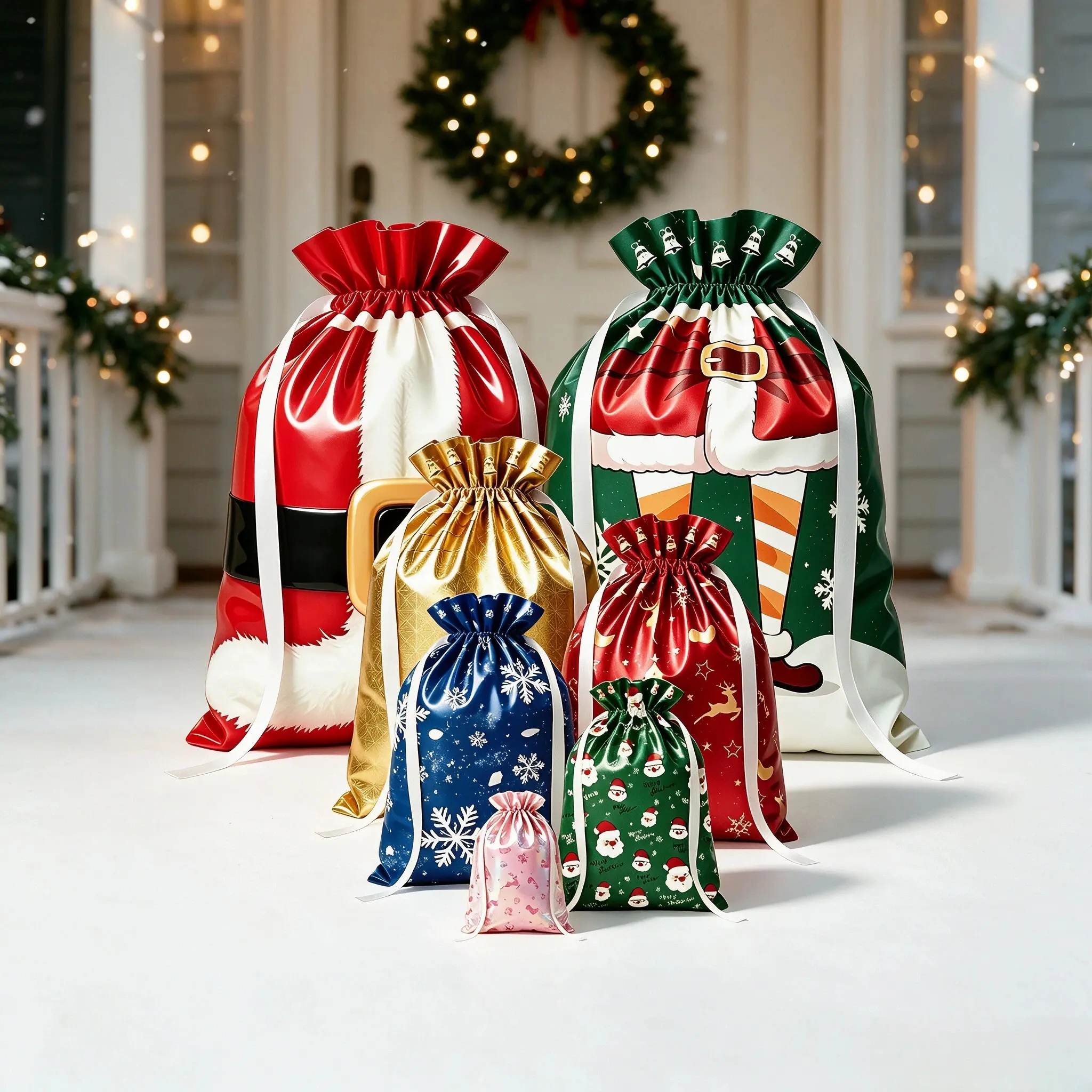 Festive Printed Christmas Drawstring Gift Bags, 54-Piece Bulk Multi-Size Assorted Wrapping Pouches for Xmas Presents, Party Favors