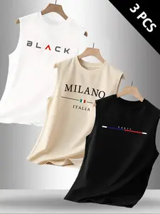 Men's 3-Piece Letter Print Round Neck Sleeveless Loose T-Shirt Set, Casual Streetwear Classic Comfortable Top, Summer Outdoor Fitness Wear