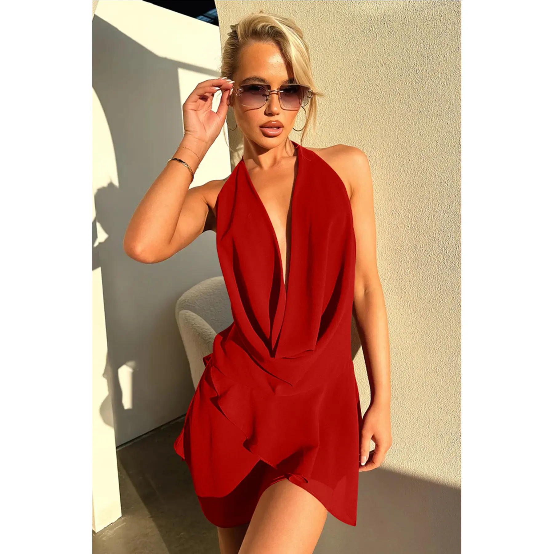 white christmas dresses Elegant Strap Forest Green Satin Deep V-Neck Cut-Out Open Back Mini Dress main image 1