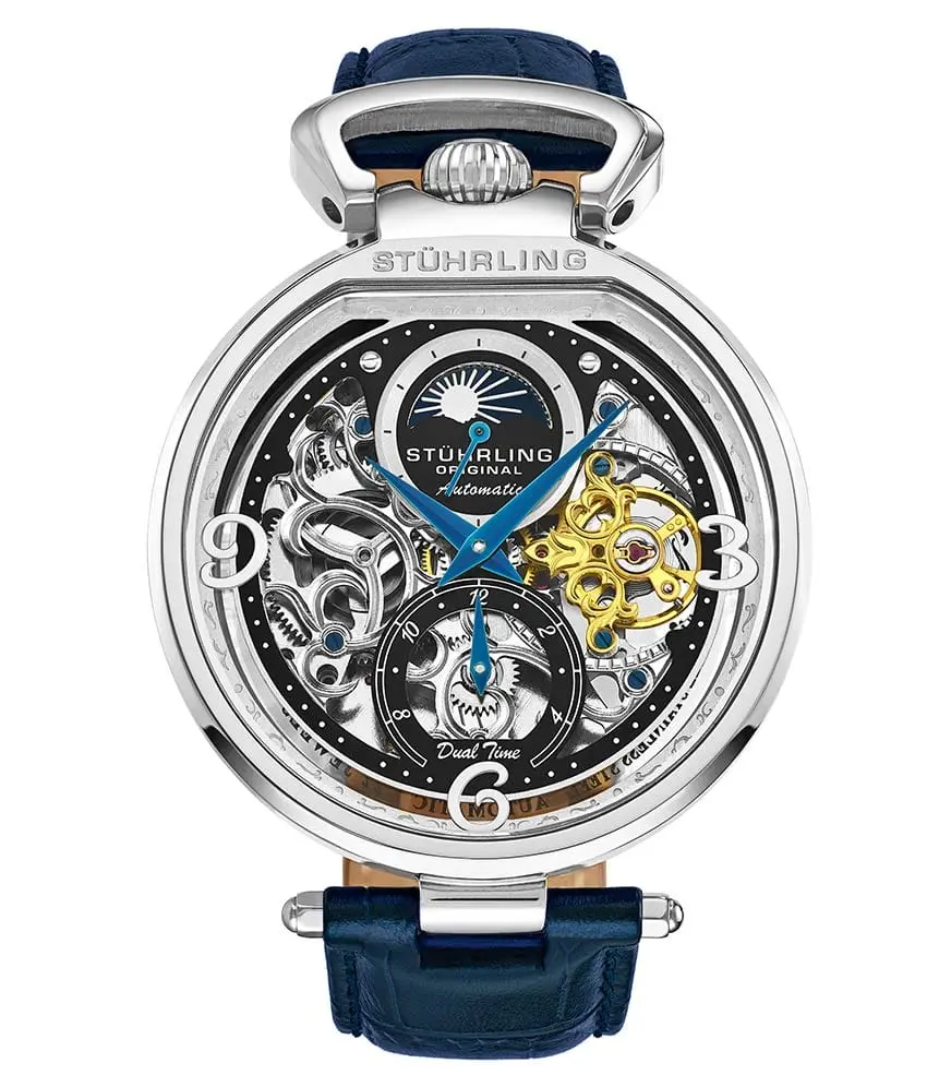 Stührling Modena 889 Unisex Automatic Watch - 46mm Skeleton Dial, Leather Strap, Dual Time Zone