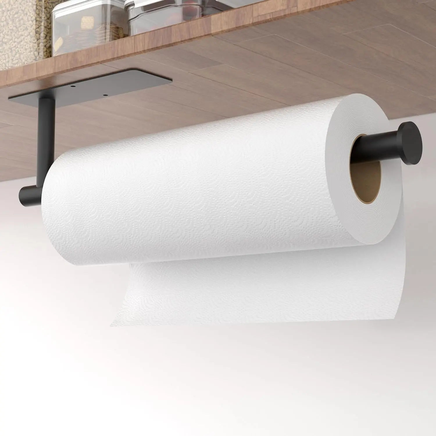 Paper Hanger Holder Under Cabinet - Black Wall Mount Paper Towel Hanger, Stainless Steel, Self-Adhesive or Drilling, for Kitchen, Bathroom,