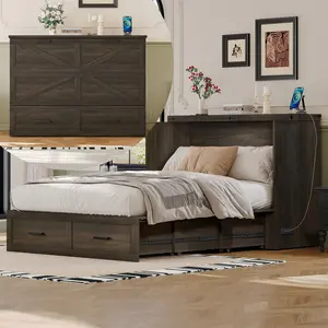 Full Size Murphy Cabinet Bed with Charging Station, Foldable Platform Bed with Large Storage Drawer for Guest-Room, Small Bedroom, Rustic Gray