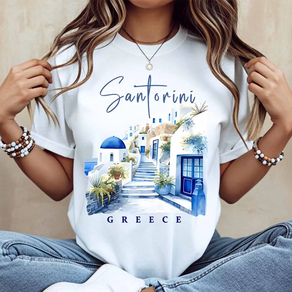 Santorini Greece Watercolor Village Scene Printed T Shirt White Casual Short Sleeve Top For Women