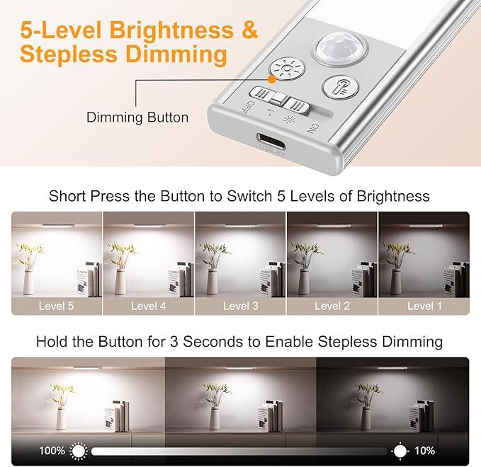 Motion Sensor Under Cabinet Lights 4 Pack, 3 Color Temperatures, Wireless USB Rechargeable, 2200mAh Battery, Magnetic Stick-On, 200 Lumens, Auto & Always-On Modes, Indoor Closet & Kitchen Lighting Dimmable Nightlight