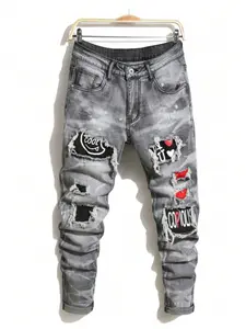 Men's Denim Jeans European Style Streetwear Ripped Graffiti Trendy Comfortable Slim Fit Long Pants, Casual Fashion Clothing for Men