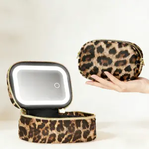 Leopard Print Mini Travel Makeup Bag with LED Lighted Mirror - 2000mAh Rechargeable Touch Dimming Cosmetic Organizer for Travel Travel Cosmetic Bags