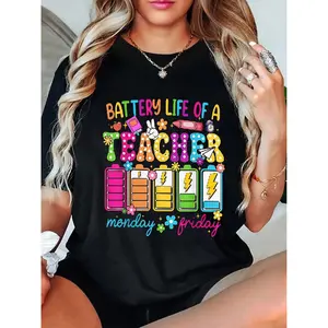Women's 100% Cotton Fitted Crew Neck Tshirt - Cute "Battery Life Of A Teacher" Top for Lady Teacher Aides, Back to School Casual Wear