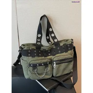 Punk Studded Crossbody Bag for Women, Chain Detail Multi-pocket Shoulder Bag, Edgy Lightweight Daily Bag for Commuting, School, Shopping, Travel, Concert, Versatile Fashionable Crossbody Purse