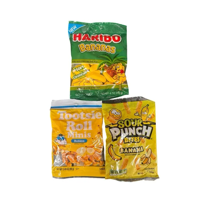 Banana Flavor Candy Pack of 3- Haribo Banana, Tootsie Rolls Banana, & Sour Punch Banana Banana Flavor Candy Pack of 3- Haribo Banana, Tootsie Rolls Banana, & Sour Punch Banana