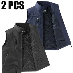 Men’s two-pack warm sleeveless vest — black, full zip stand collar; suitable for winter workouts, parties, and everyday wear—a perfect gift for a husband. Cold-resistant, durable sportswear; minimalist high-quality fabric; “Men Love Spring”; statement.