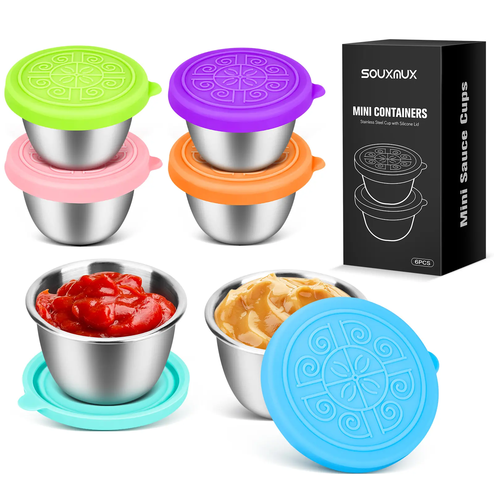 6 Pack 2.4 Oz Salad Dressing Container To Go, Leakproof Reusable Stainless Steel Small Container with Lid,Sauce Cups for Lunch box,Picnics,Travel,Office and Meal Prep