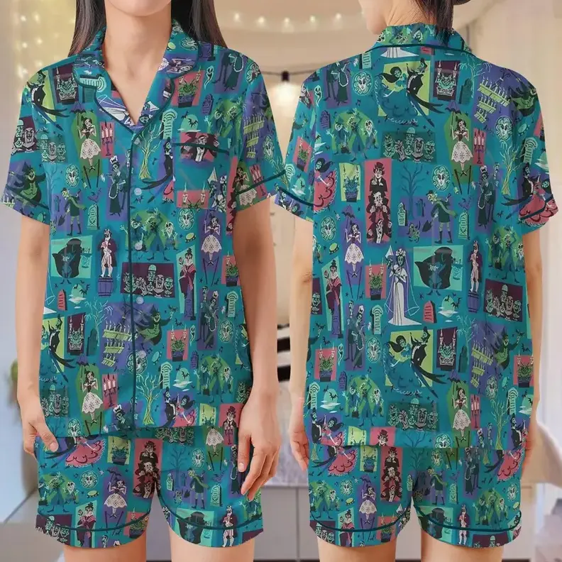 Halloween Haunted Mansion Satin Pajama Set, Hitchhiking Ghosts Button Up Sleepwear, Long Sleeve & Short Sleeve Pajamas for Women Men