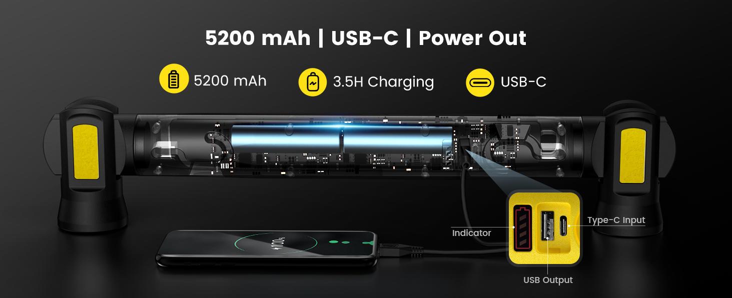 [FathersDayGift] 3000LM Cordless Under Hood Work Light, 5200mAh USB-C Rechargeable LED Work Light Bar, 3 Color Temp Modes Magnetic Hook Work Light, Portable Mechanic Light for Car Repair Garage Job Site Workshop