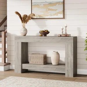 Garvee Entryway Console Table – Farmhouse 2-Tier Long Sofa Accent Table, Open Storage, Grey, 47 Inches. Ideal for Behind the Couch, Entrance, Living Room, Hallway, or Foyer.