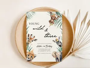 [UNFRAMED POSTER] Young Wild and Three, 3rd Birthday Invite, Safari Jungle Animal Birthday Invitation, Self Editable Third Birthday Invite, Minimalist, Boho Poster