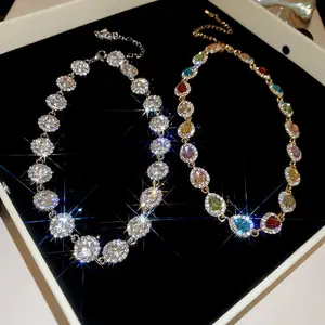 Water Drop Inlaid Diamond Colorful Necklace Vintage High-end Clavicle Chain 29g 41cm-50cm Light Luxury Palace Style Choker for Women