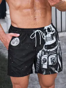 Men's Skull Astronaut Print Quick-Dry Beach Shorts Lightweight Breathable Fabric Drawstring Street Style Cool Beachwear Casual Comfortable Vacation Beach Pants