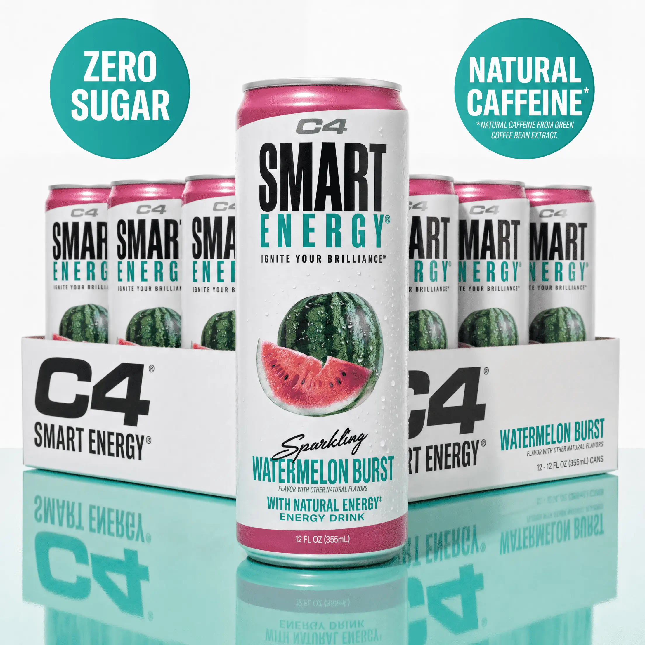C4 Smart Energy Sparkling Beverage - Watermelon Burst, Natural Caffeine, Zero Sugar, 200mg Caffeine - Cognizin & N-Acetyl Tyrosine for Focus, 12oz 12 Pack