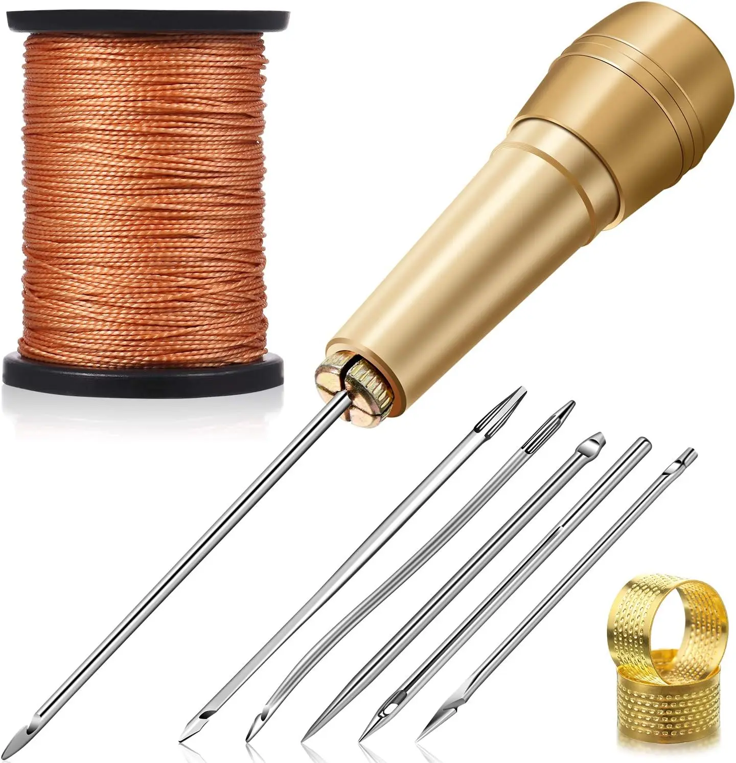 Pack of 6 Leather Sewing Awl Needle with Copper Handle, Upholstery Repair Kit 50 M Nylon Cord Thread and 2 Pieces Thimble for Handmade Leather Sewing Tools Shoes and Repair