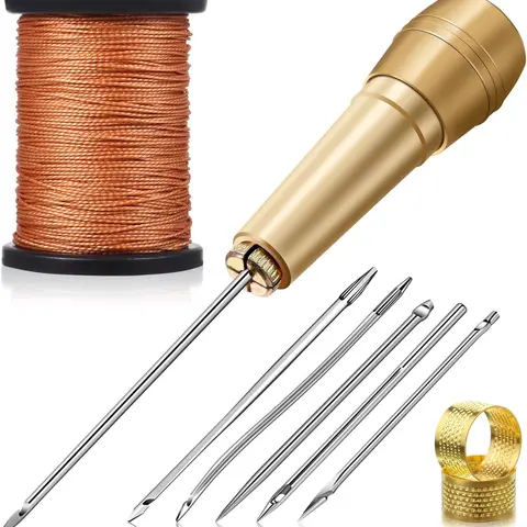 Leather Repair Sewing Awl Kit Set - 6 Different Sewing Needles with Copper Handles, 50M Nylon Cord Thread, 2 Thimbles, Lightweight for Toolboxes, for Car Upholstery Repair, Fishing Enthusiasts