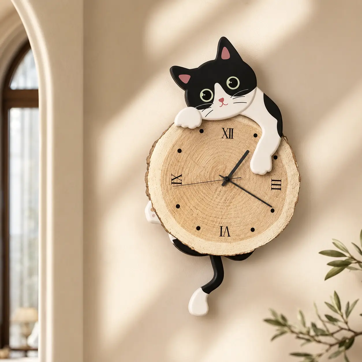Cat Pendulum Wall Clock, Cute Swinging Tail Cat Clock with Wood Slice Dial for Cat Lovers Home Decor