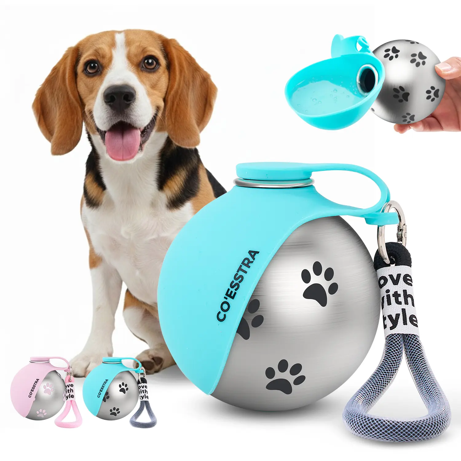 Stainless Steel Round Metal Pet Water Bottle with Drinking Basin - 285ml Compact, Leak-Proof Seal, Mess-Free Sips, 1-Hand Grip Trail-Ready All Seasons Travel Bottle for Dogs, Ideal for Walks, Road Trips