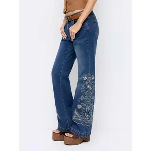 Cider Stretch Denim Floral Embroidery High Rise Flared Trousers