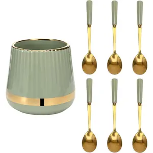 6PCS Coffee Spoons with Ceramic Jar Holder, Small Stainless Steel Gold Tea Spoons, Mini Dessert Spoons Set for Fruit, Stirring, Mixing, Sugar, Ice Cream, Cake (Light Green)