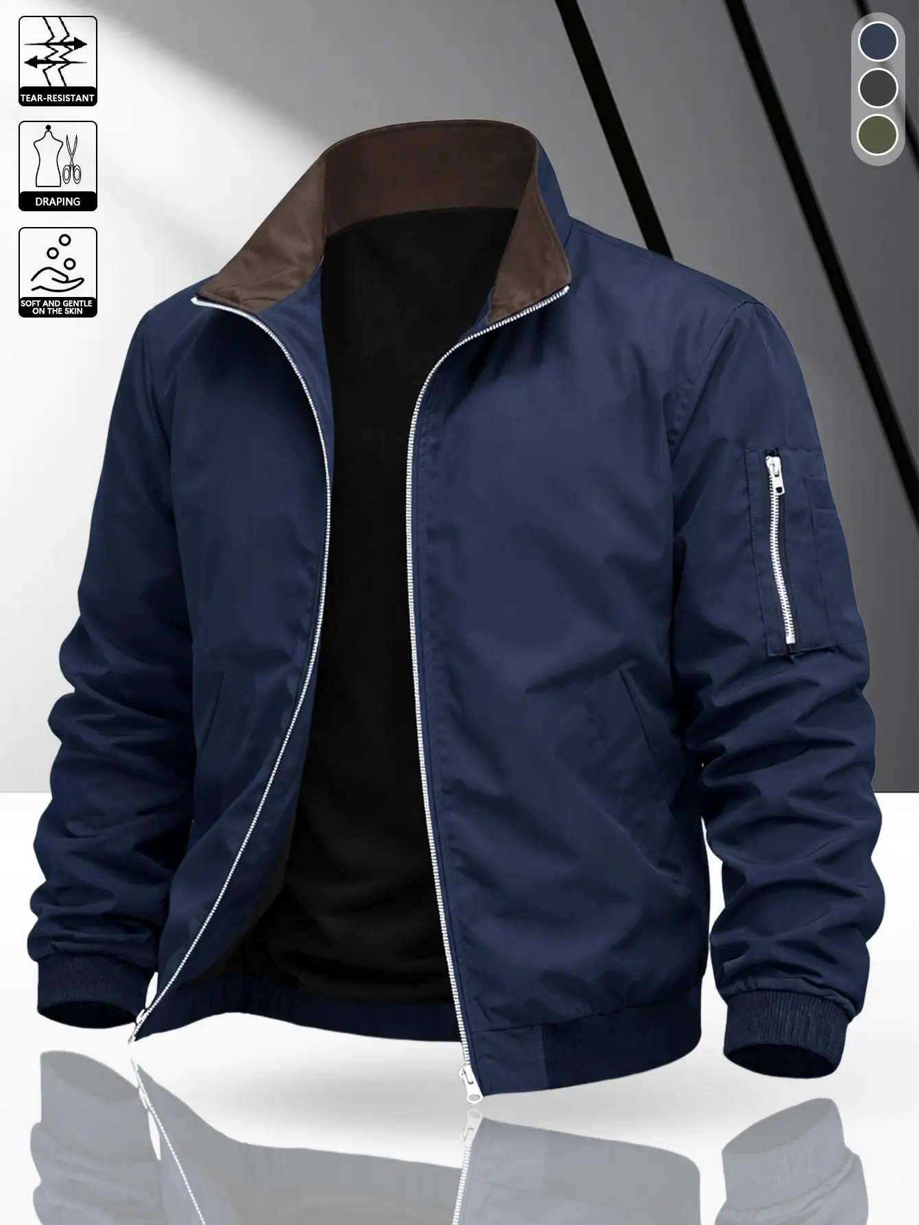 Men’s color-block stand collar flight jacket featuring a front zipper closure, wear-resistant woven fabric, and a contrasting collar design. Regular fit, suitable for outdoor exploration, camping, hiking, commuting, and casual everyday wear.