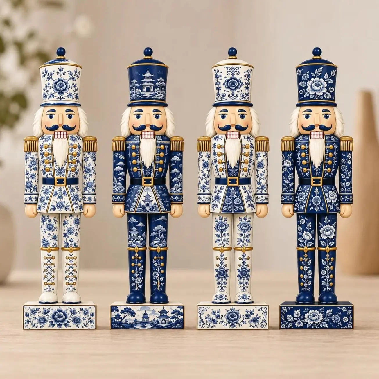 Chinoiserie Nutcracker Wooden Block,  Blue White Toile Christmas Decor, Holiday Tabletop Accent, Nutcracker Gift