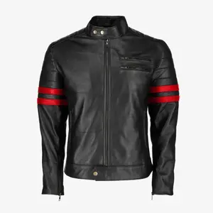 Men’s Black Leather Jacket with Red Racing Stripes – Premium Moto Style Outerwear