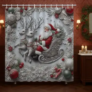 Christmas Series Bathroom Set, Plaid Toilet Cover Pad, Waterproof Shower Curtain, Non-Slip Mat, Bath Rug, 4-Piece Combo Pack